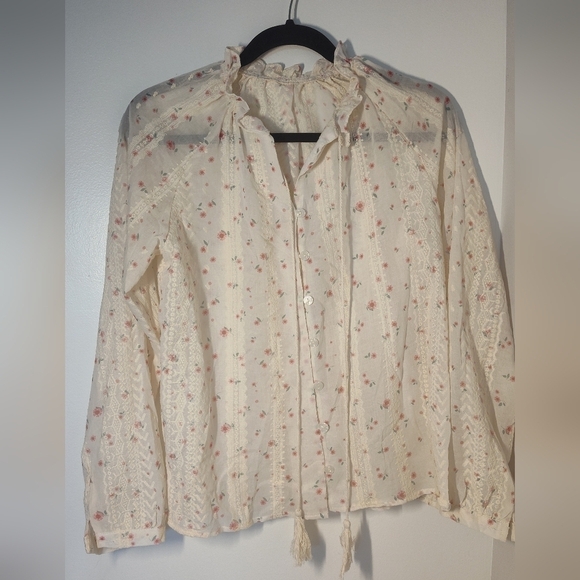Source Unknown Tops - Floral Cream Blouse with Pink Accents Size M #613